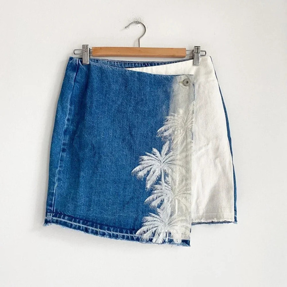 NWT Desigual Tropical Palm Print Blue White Denim Mini Skirt 26 - Picture 3 of 8